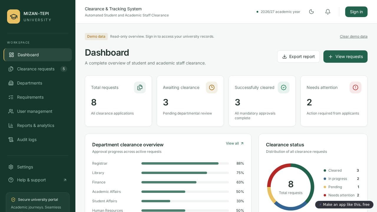 Screenshot of University Clearance Tracker