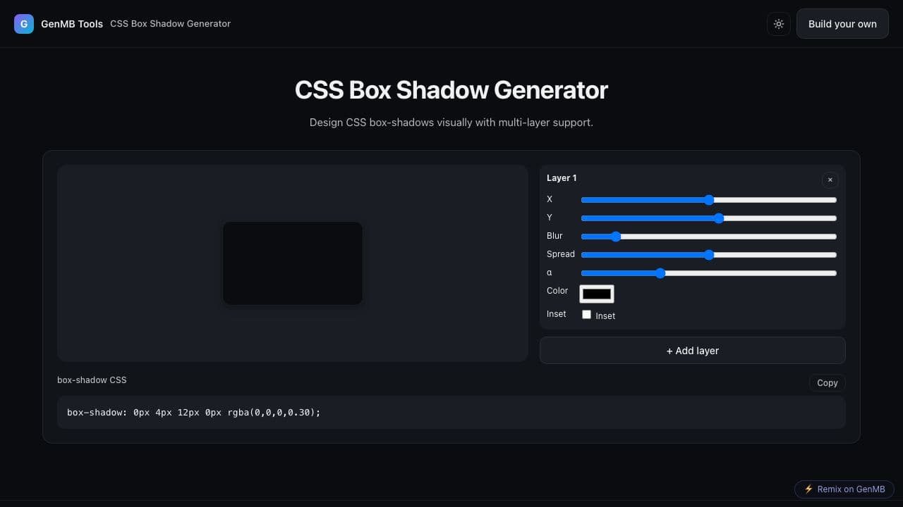 Screenshot of CSS Box Shadow Generator