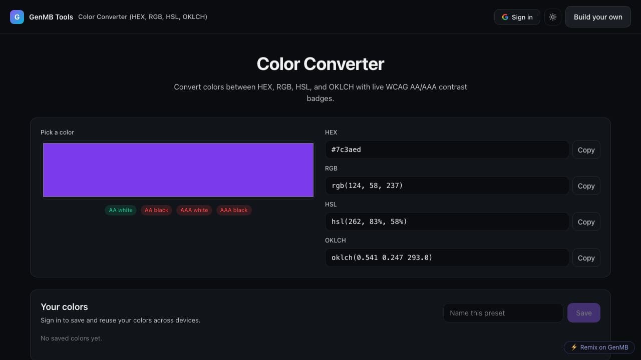 Screenshot of Color Converter (HEX, RGB, HSL, OKLCH)