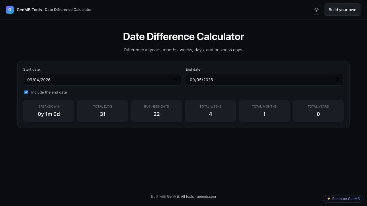 Screenshot of Date Difference Calculator