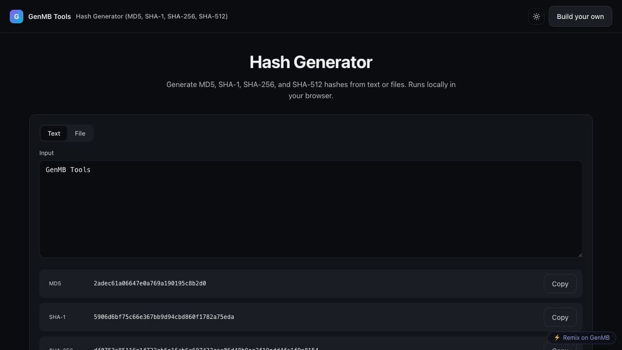 Screenshot of Hash Generator (MD5, SHA-1, SHA-256, SHA-512)