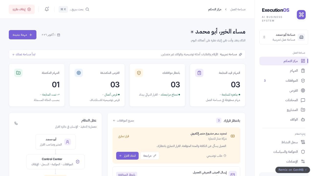 Screenshot of AI Business Control Center