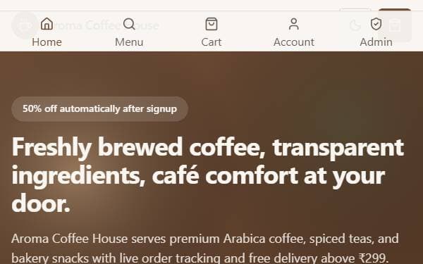 Screenshot of Aroma Coffee House