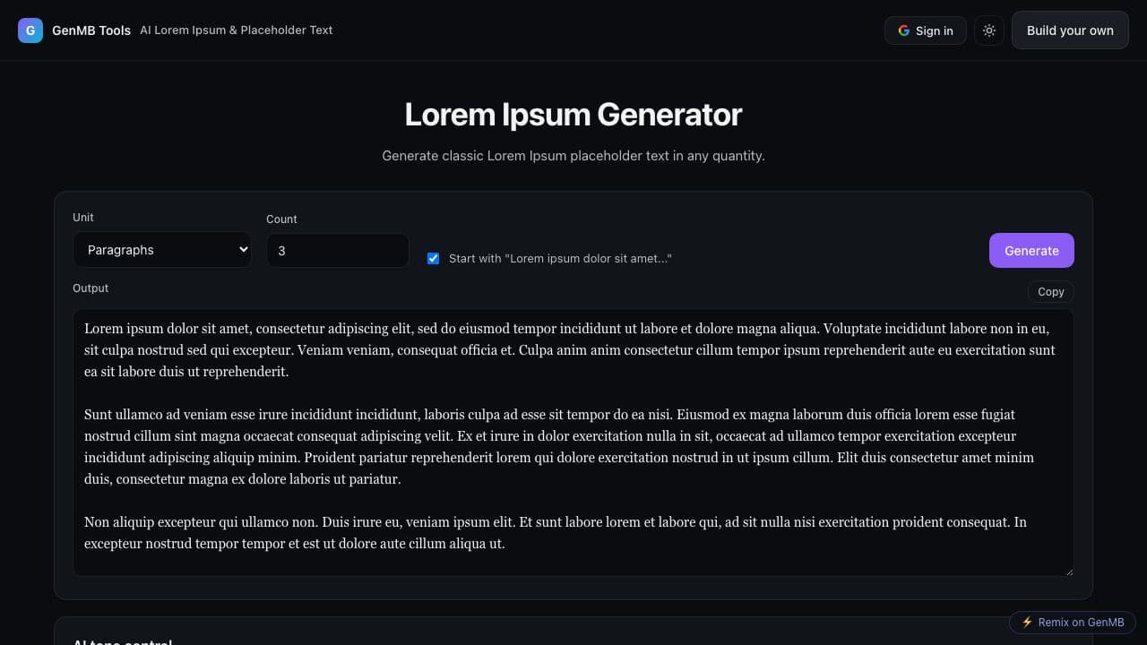Screenshot of AI Lorem Ipsum & Placeholder Text