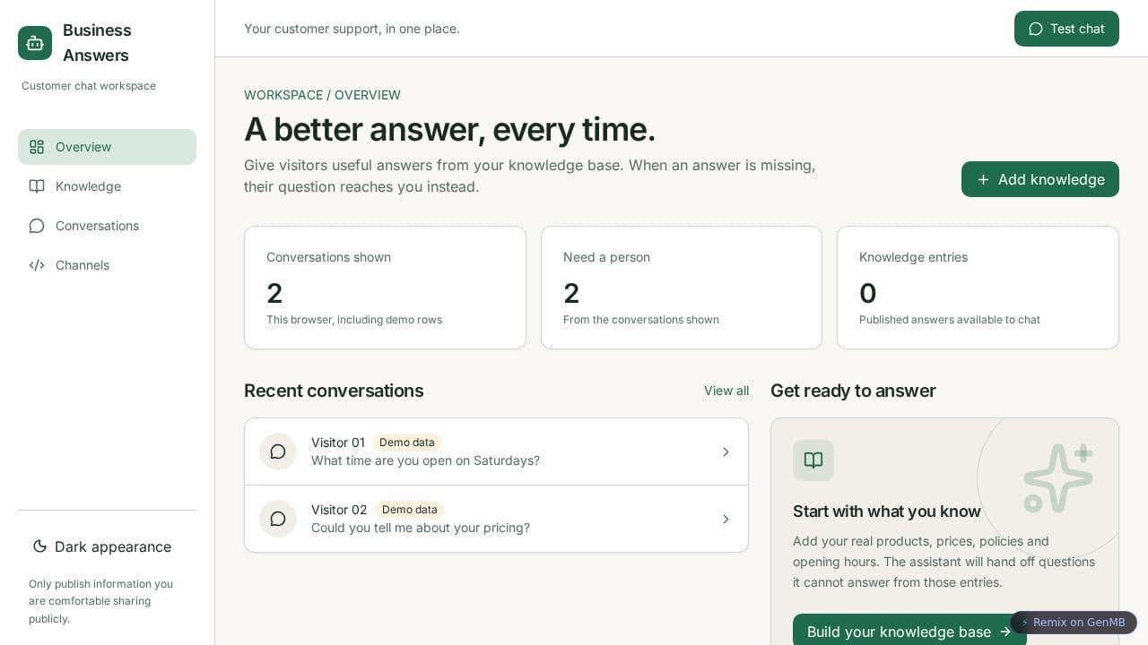 Screenshot of Business Answers