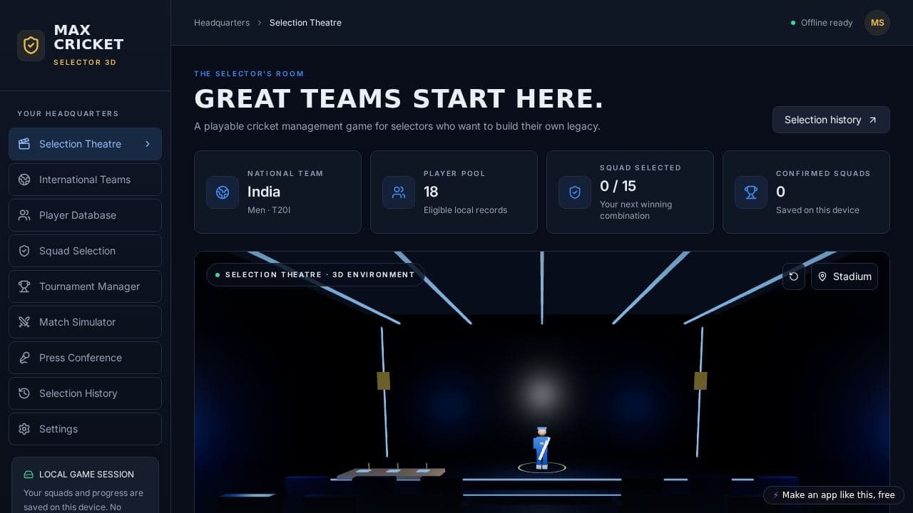 Screenshot of Max Cricket Selector 3D