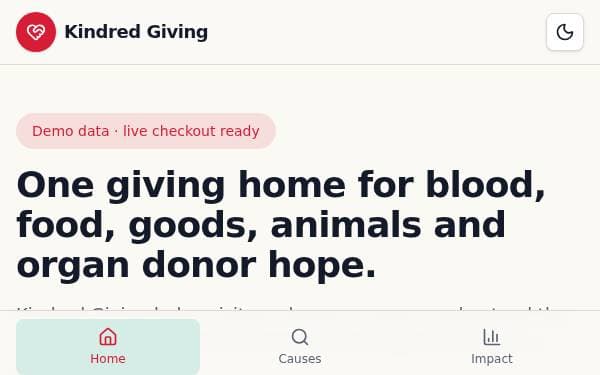 Screenshot of Kindred Giving