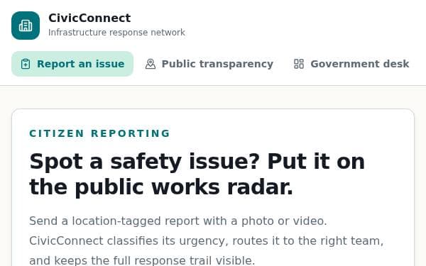 Screenshot of CivicConnect Infrastructure Reporting