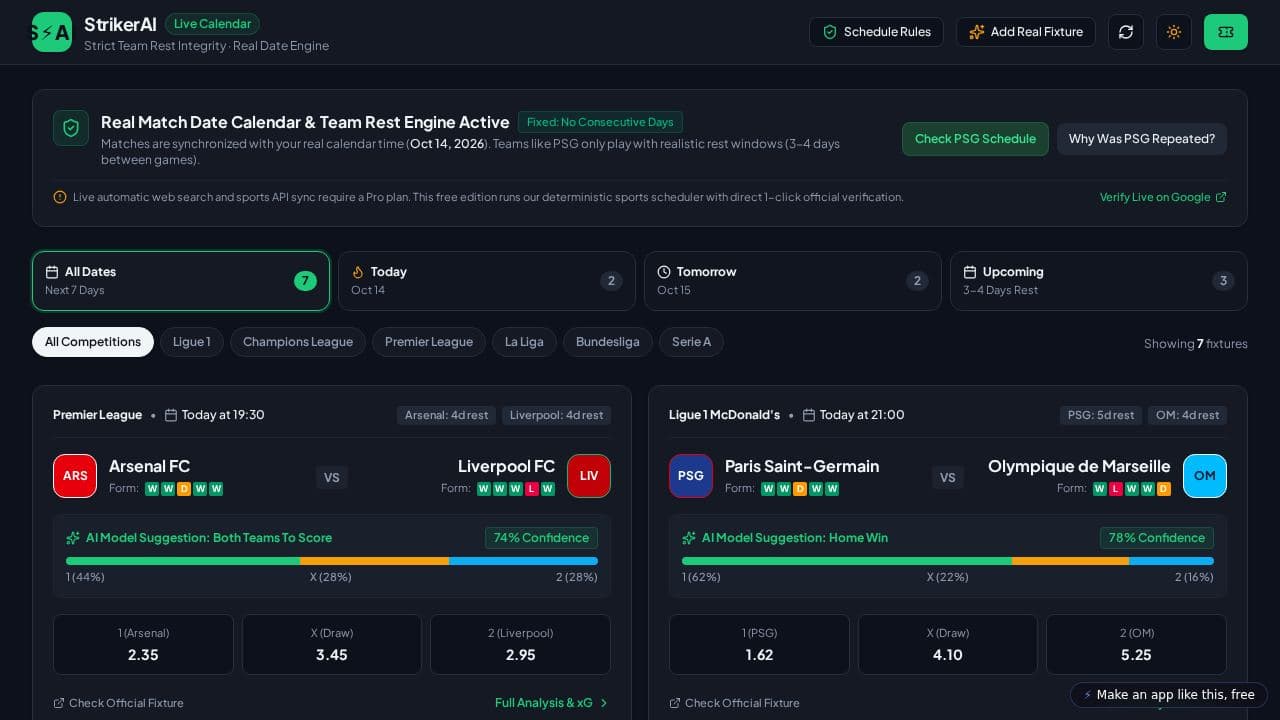 Screenshot of StrikerAI Match Predictions
