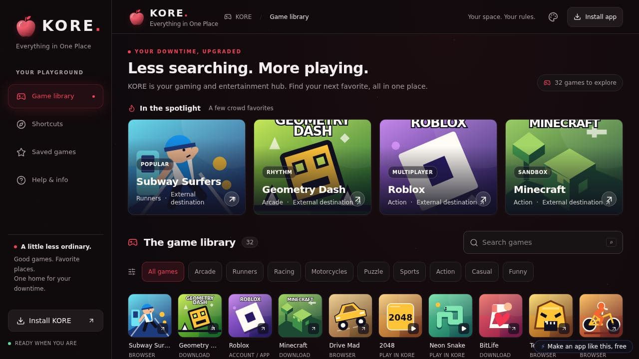 Screenshot of KORE Gaming Hub
