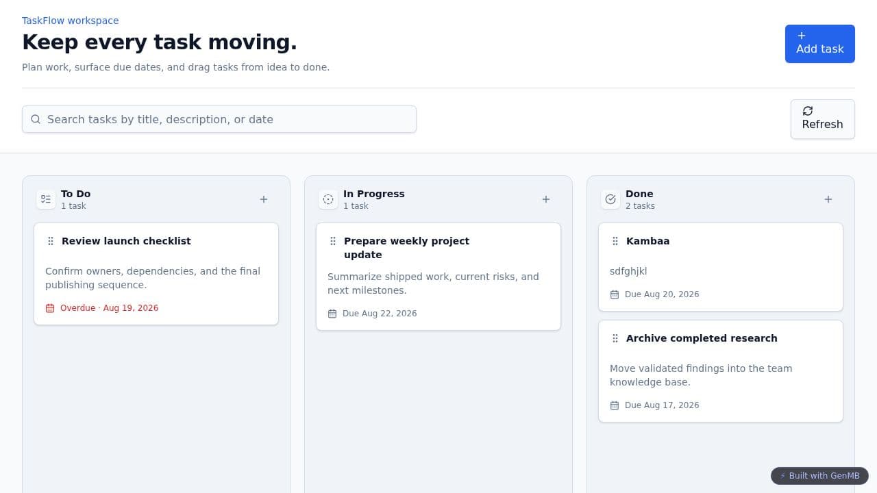 Screenshot of TaskFlow Kanban Board