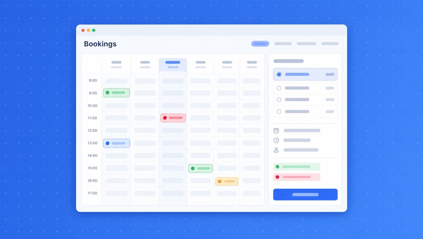 Illustration of a Bookings window with a weekly calendar of time slots, a few booked slots, and a service picker with a confirm button