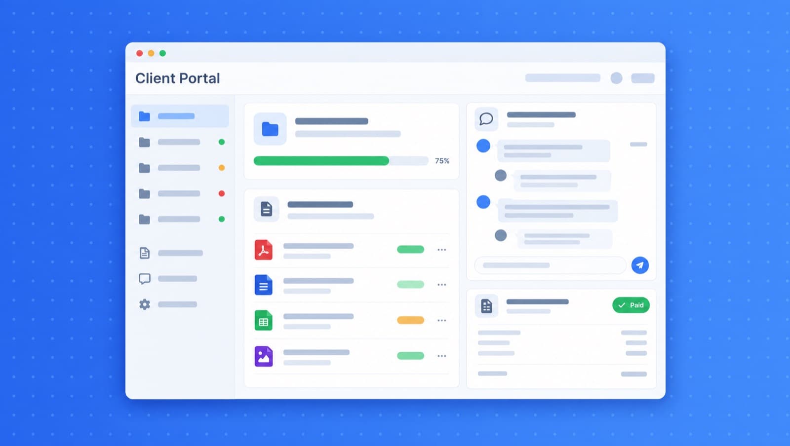 Illustration of a Client Portal window with a project progress bar, shared documents, a message thread and a paid invoice card