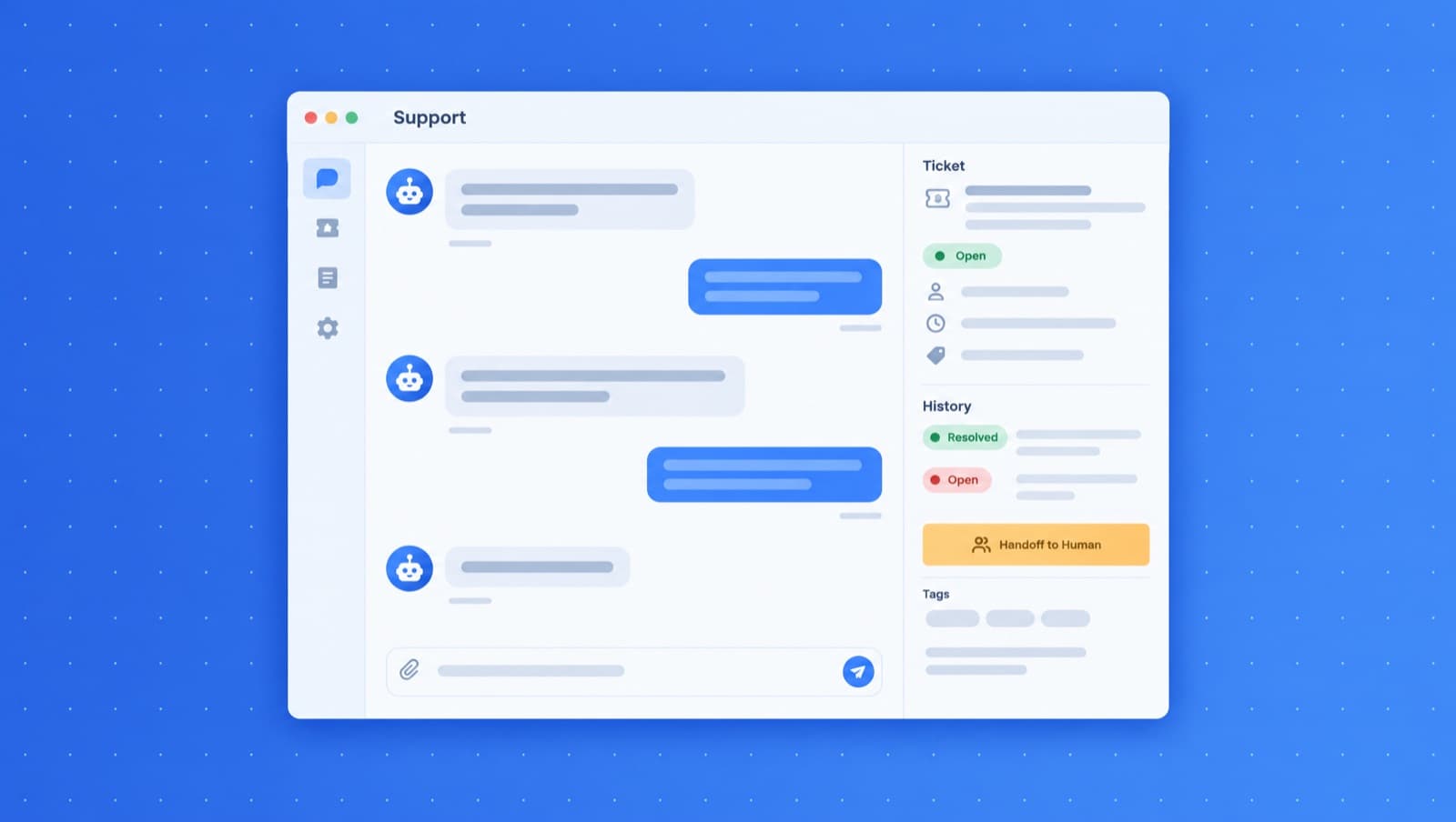 Illustration of a Support window with an AI agent chat, a ticket panel with open and resolved pills, and a hand off to human button