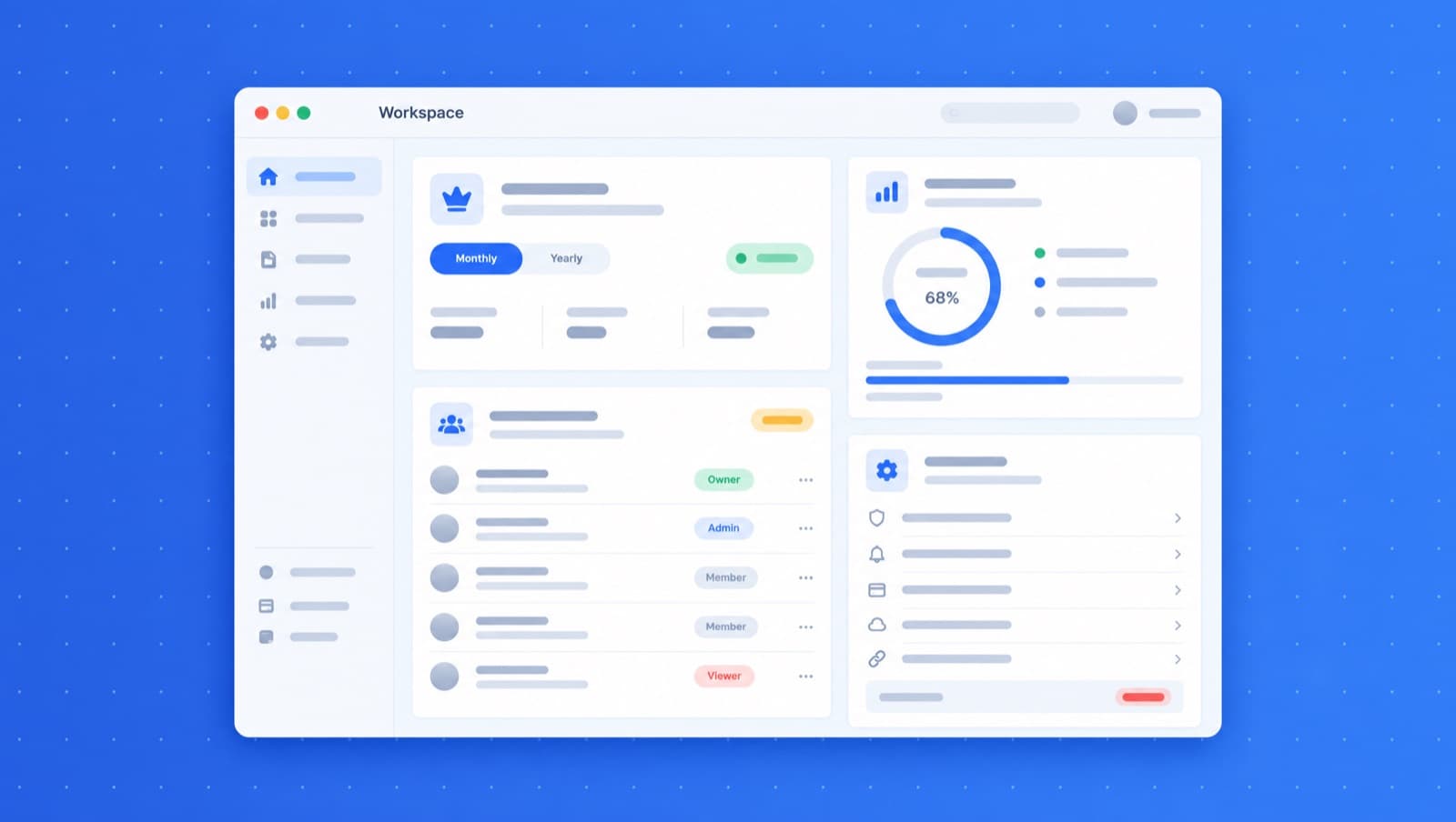 Illustration of a Workspace window with a plan card and monthly or yearly toggle, a usage meter, team roles and settings