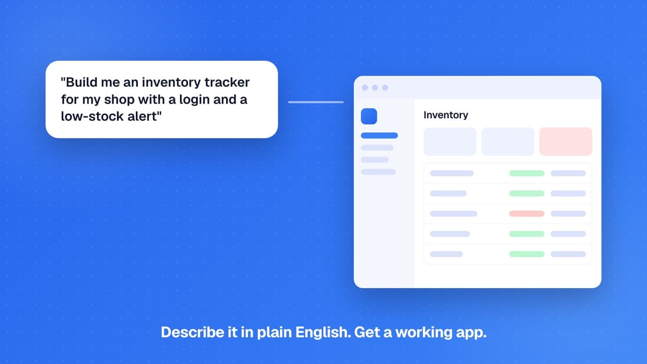 A plain-English prompt on the left becomes a working inventory app on the right