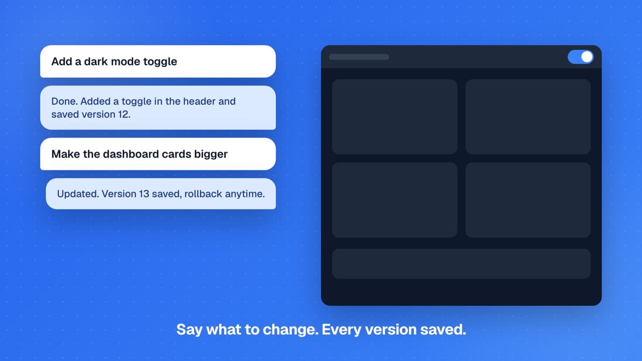 A chat conversation where each change saves a new version next to the updated app